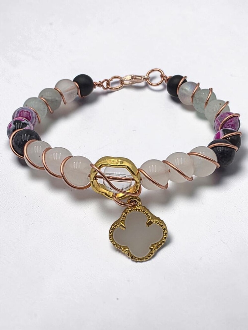 Mixed Bead Wire-Wrap Bracelet with White & Gold Clover Charm Handmade Jewelry